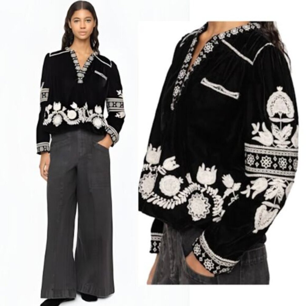 NWT Sea New York Irene Embroidered Velvet Long Sleeve Top Black Size: Large